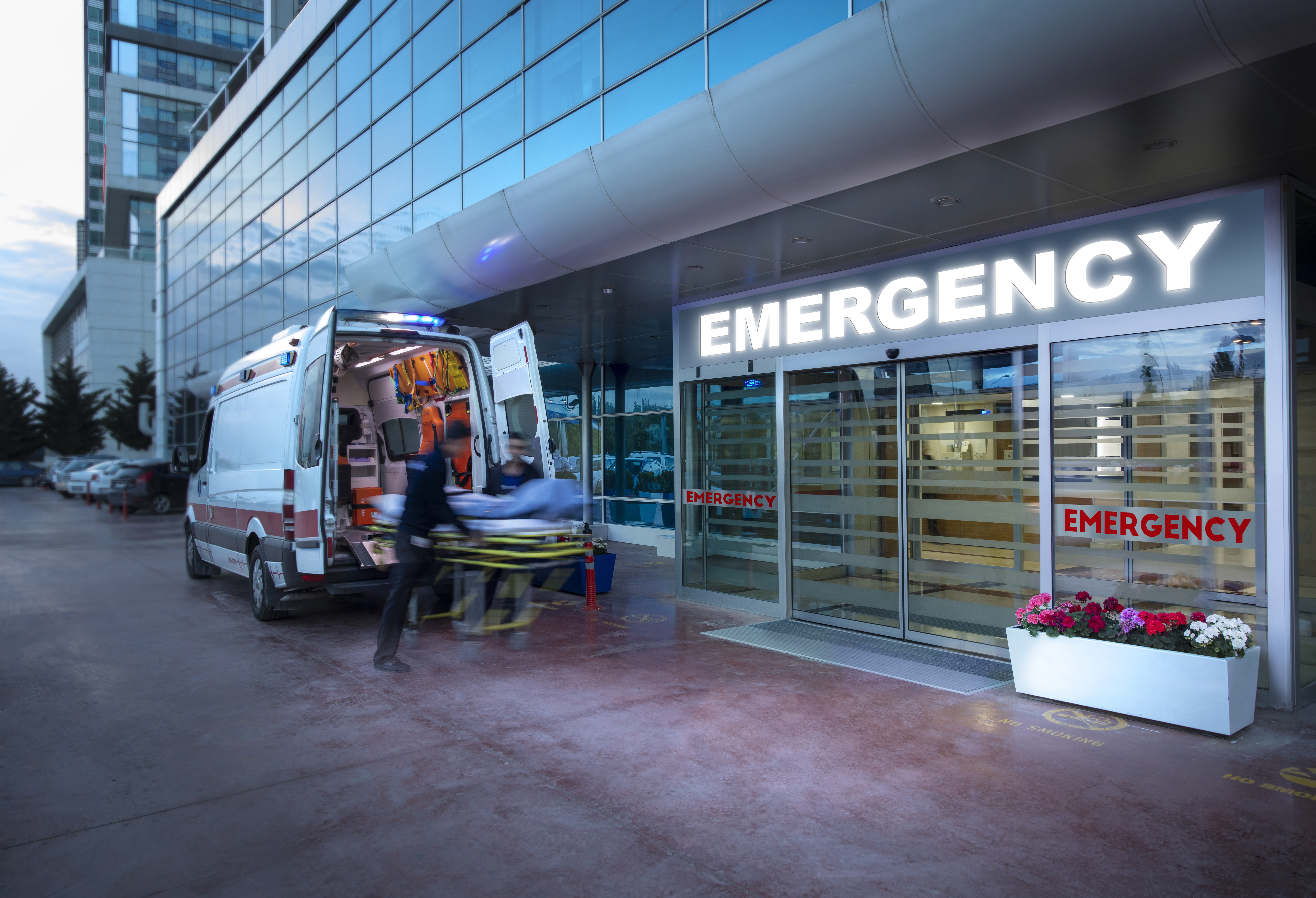 Paramedics, taking patient on stretcher from ambulance to hospital